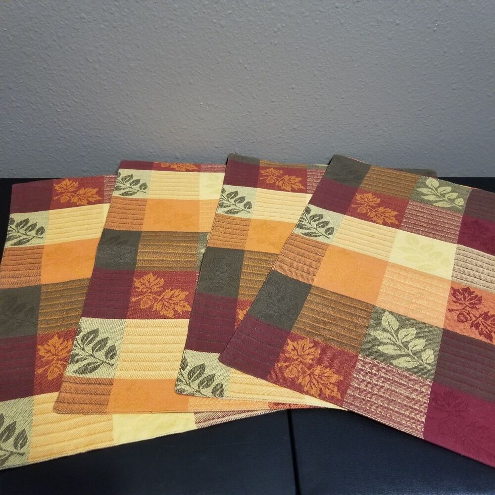 Placemats Set Of 4 100% Cotton Fall Autumn Plaid Leaf Classic Table Decor